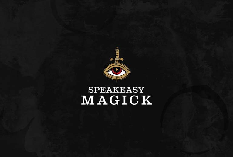 A creative design featuring the text "Speakeasy Magick" with vibrant colours and dynamic elements.