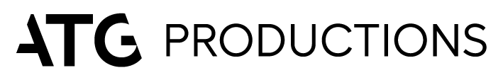 Logo of ATG Productions featuring bold typography and a stylised graphic element in blue and white.